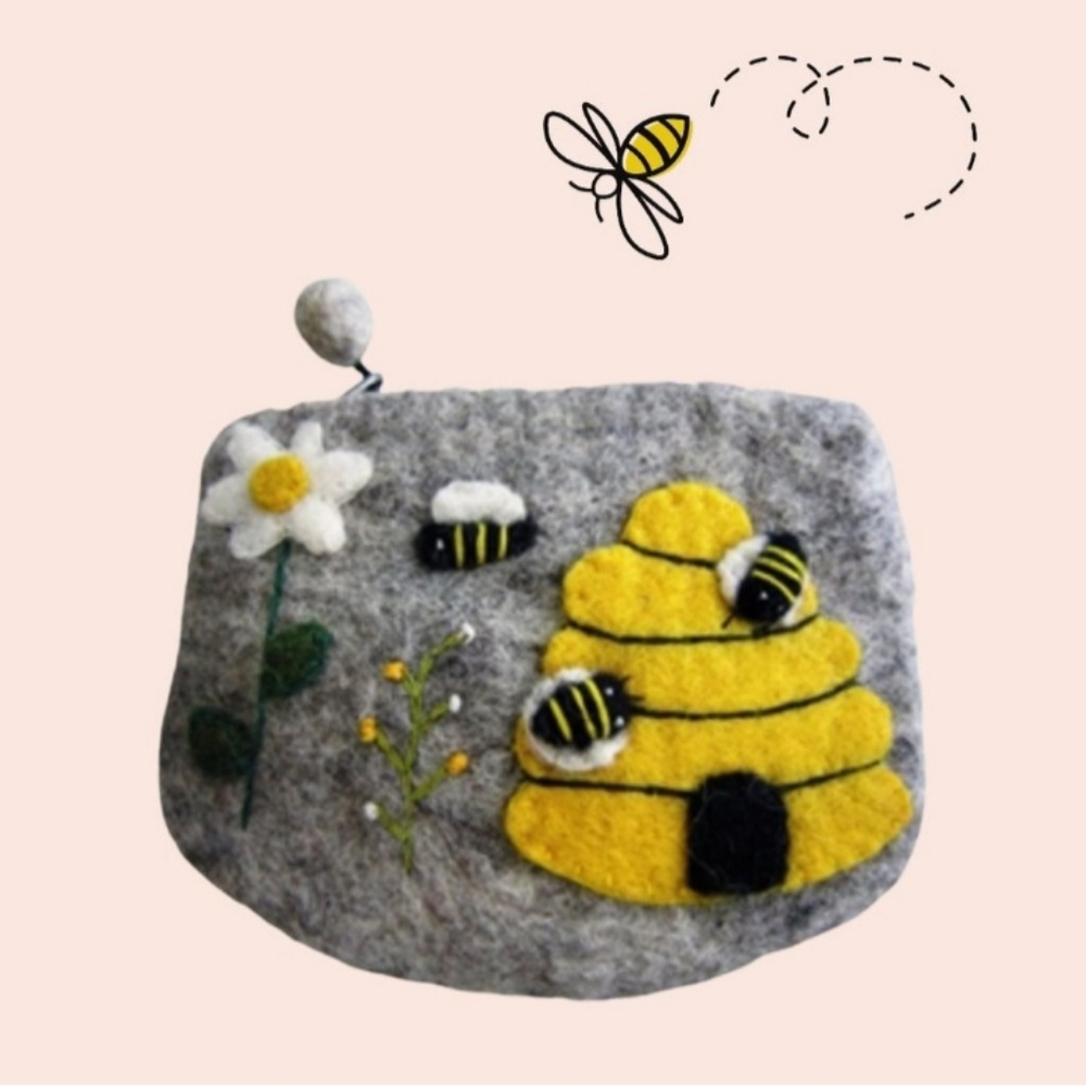 Gray Felt Cosmetic Bag with Bee and Flower Design